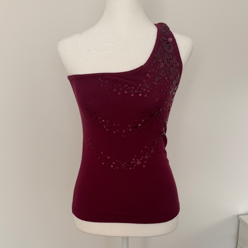 BCBGMaxAzria Burgundy Sequin One-Shoulder Tank Top